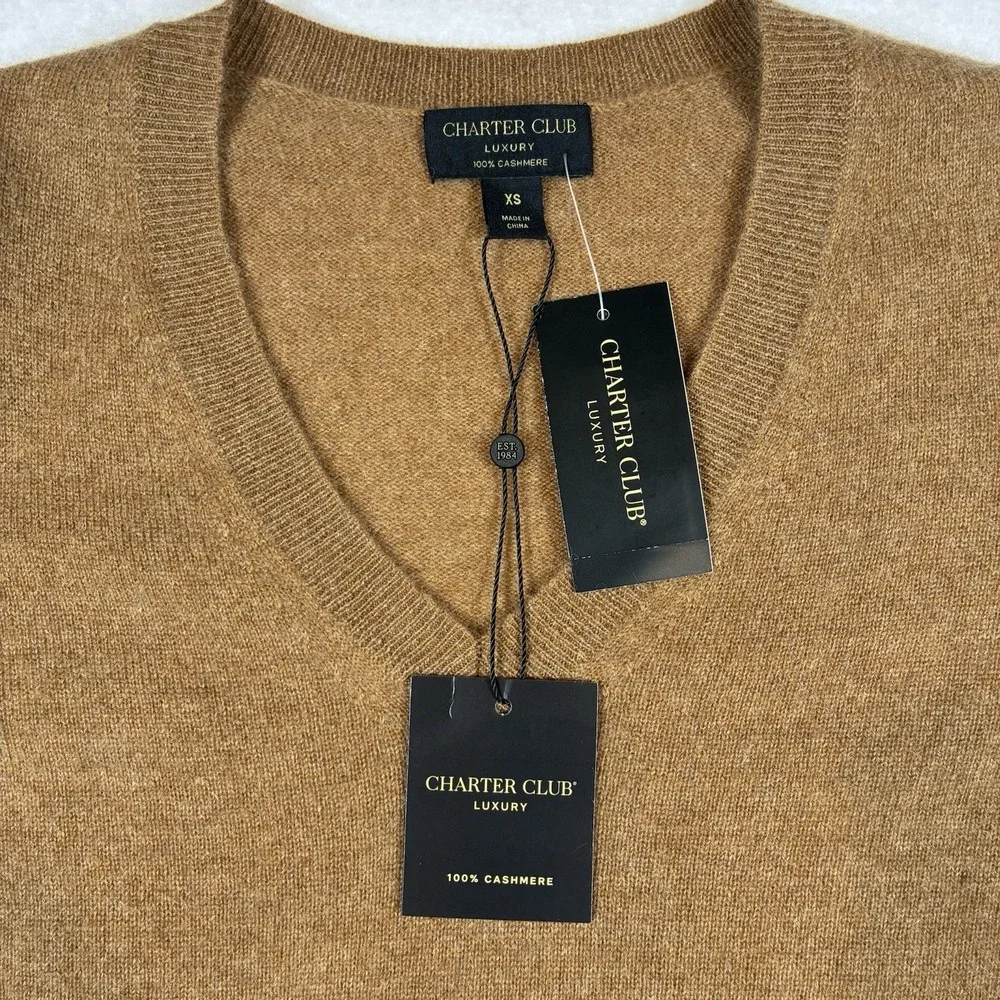Charter Club Cashmere Sweater Womens XS Table V-Neck Pullover Luxury Classic NWT